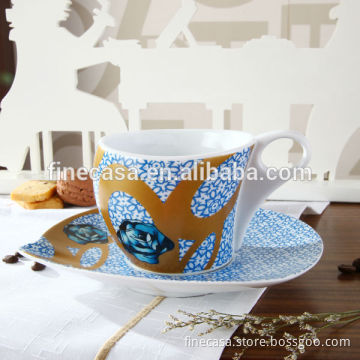 Napoli Gift Collection 230CC Hyper White Porcelain Ceramic Gold Rim Coffee Cup with Saucer of Cini with Flower